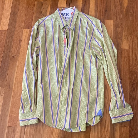 NWT Robert Graham Men’s Green and Blue Striped Button Down Shirt Size XL